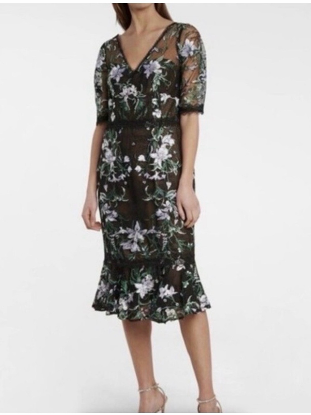 Marchesa Olive Green Floral Embroidered Midi Dress